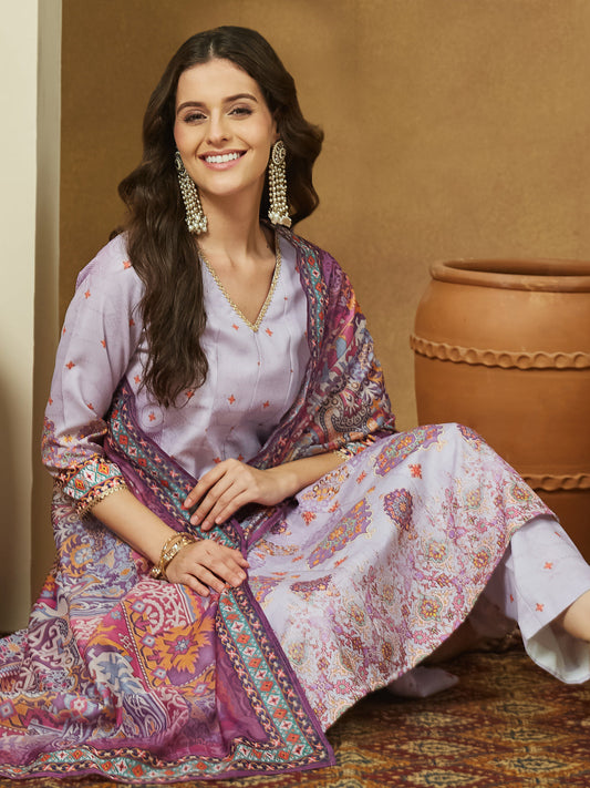 Janasya Women's Lavender Cotton Blend Ethnic Motifs Printed Anarkali Kurta Set