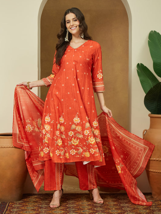 Janasya Women's Orange Cotton Blend Floral Printed Anarkali Kurta Set