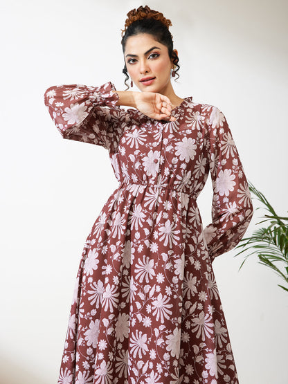 Janasya Women's Burgundy Georgette Floral Printed Fit & Flare Dress
