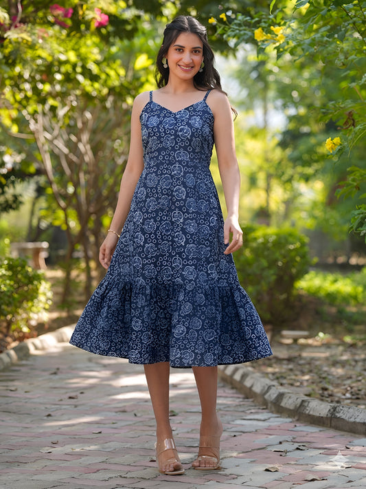 Janasya Women's Blue Pure Cotton Batik Printed Tiered Dress