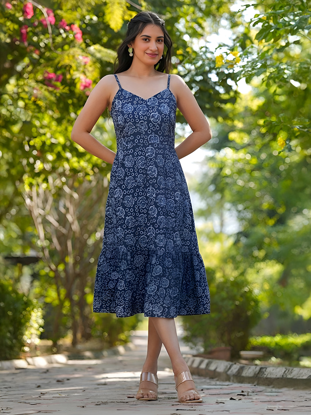 Janasya Women's Blue Pure Cotton Batik Printed Tiered Dress