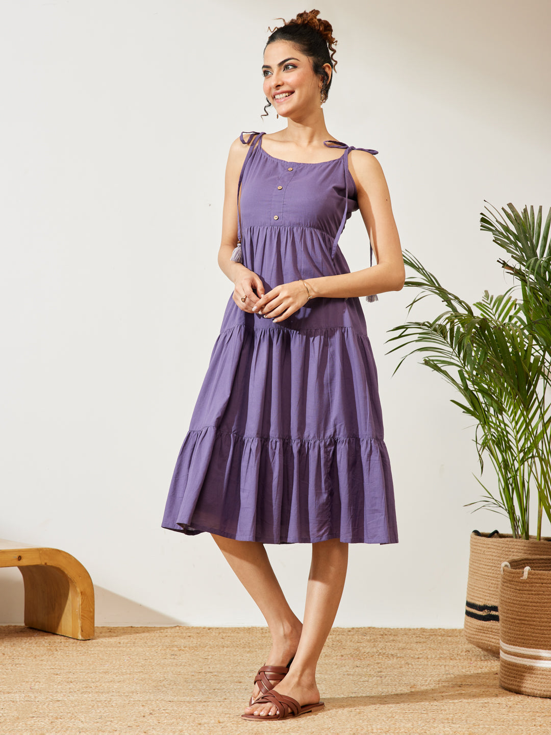 Janasya Women's Lavender Pure Cotton Solid Tiered Dress