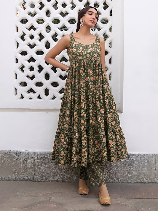 Janasya Women's Sage Green Pure Cotton Floral Printed A-line Kurta With Palazzo Set