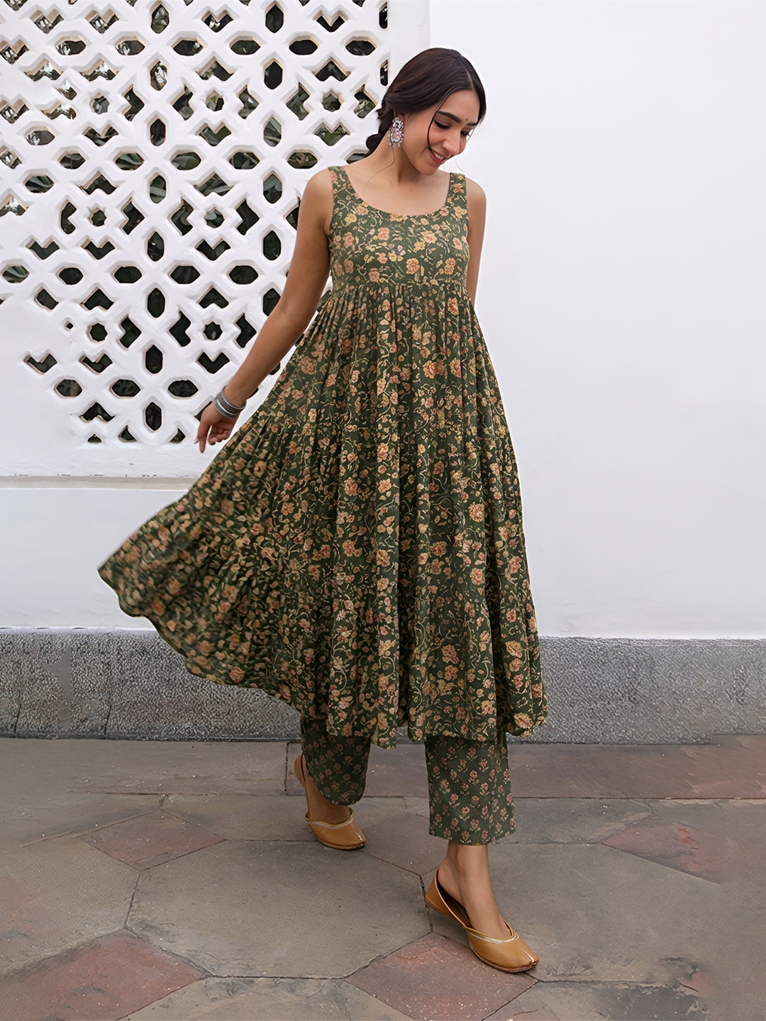 Janasya Women's Sage Green Pure Cotton Floral Printed A-line Kurta With Palazzo Set