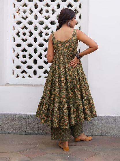 Janasya Women's Sage Green Pure Cotton Floral Printed A-line Kurta With Palazzo Set