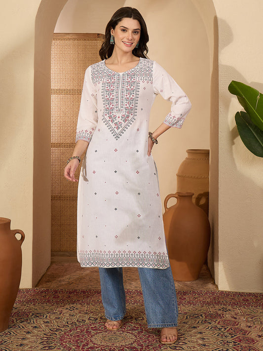 Janasya Women's White Linen Cotton Kasuti Motif Printed Straight Kurta