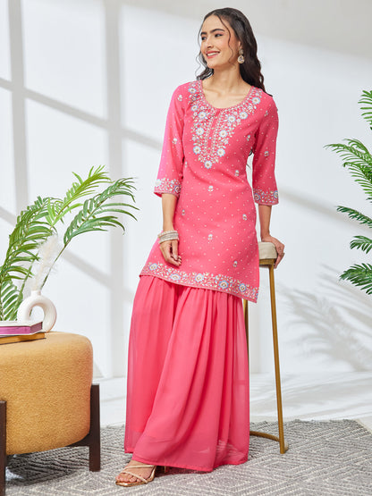Janasya Women's Pink Georgette Zari Rubber Floral Print Straight Kurta with Sharara Set