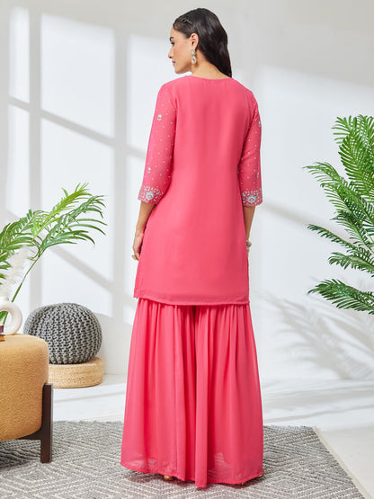Janasya Women's Pink Georgette Zari Rubber Floral Print Straight Kurta with Sharara Set