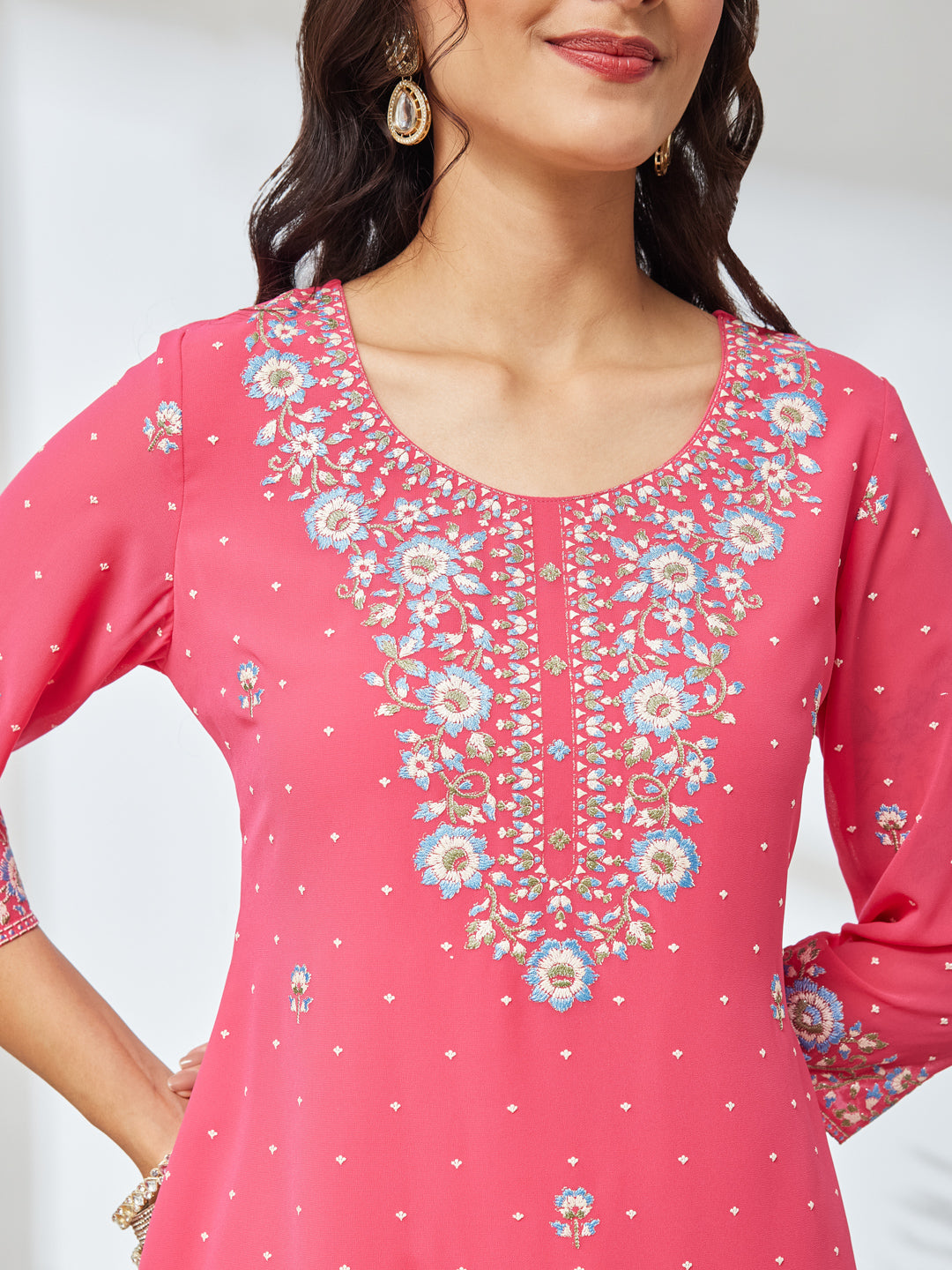 Janasya Women's Pink Georgette Zari Rubber Floral Print Straight Kurta with Sharara Set