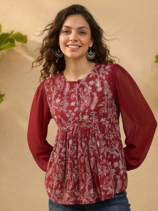 Janasya Women's Maroon Georgette Floral Rubber Print Peplum Top