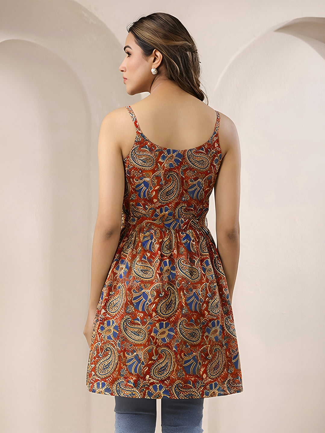 Janasya Women's Red Pure Cotton Paisley Printed A-Line Tunic