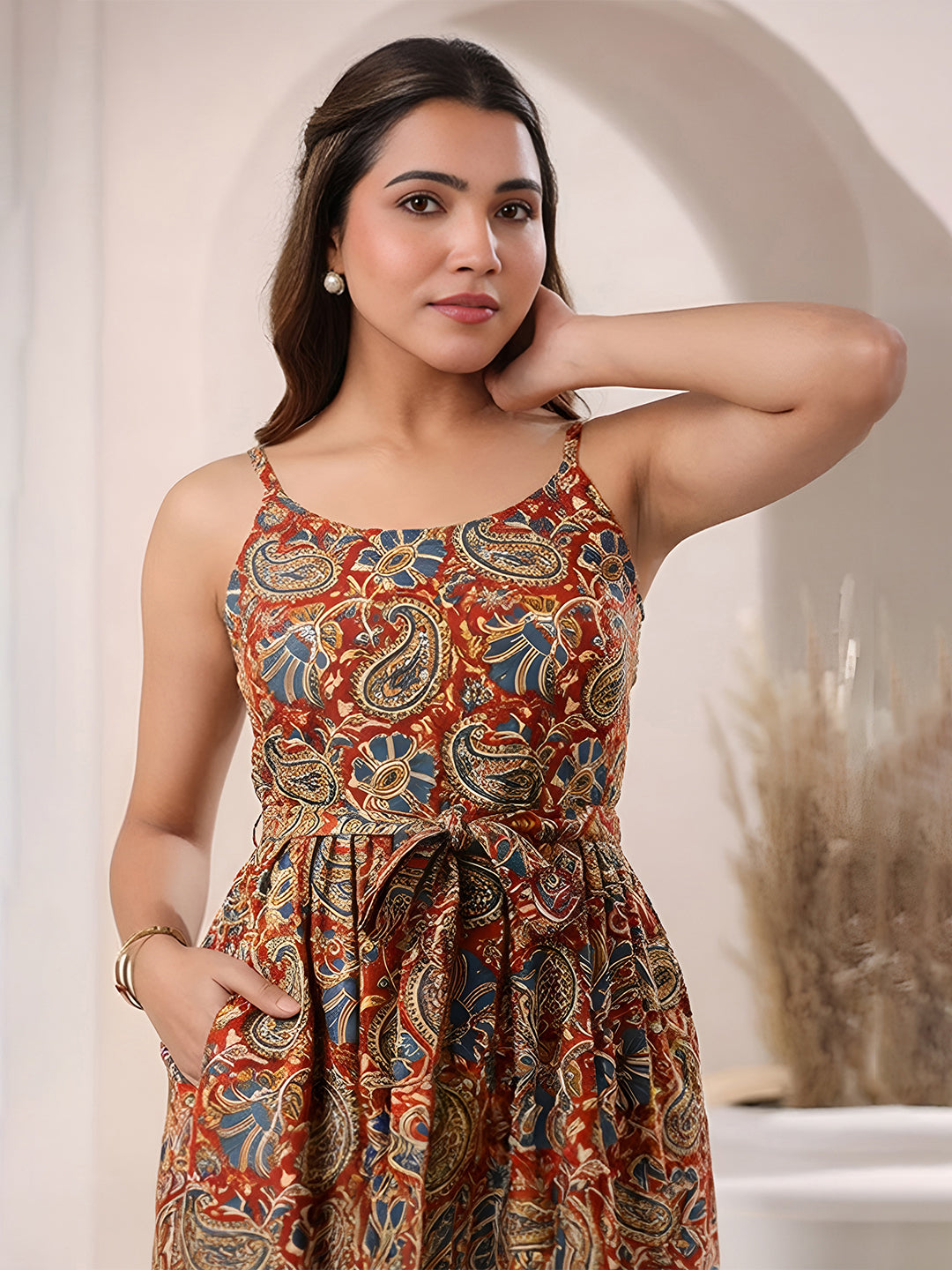 Janasya Women's Red Pure Cotton Paisley Printed A-Line Tunic