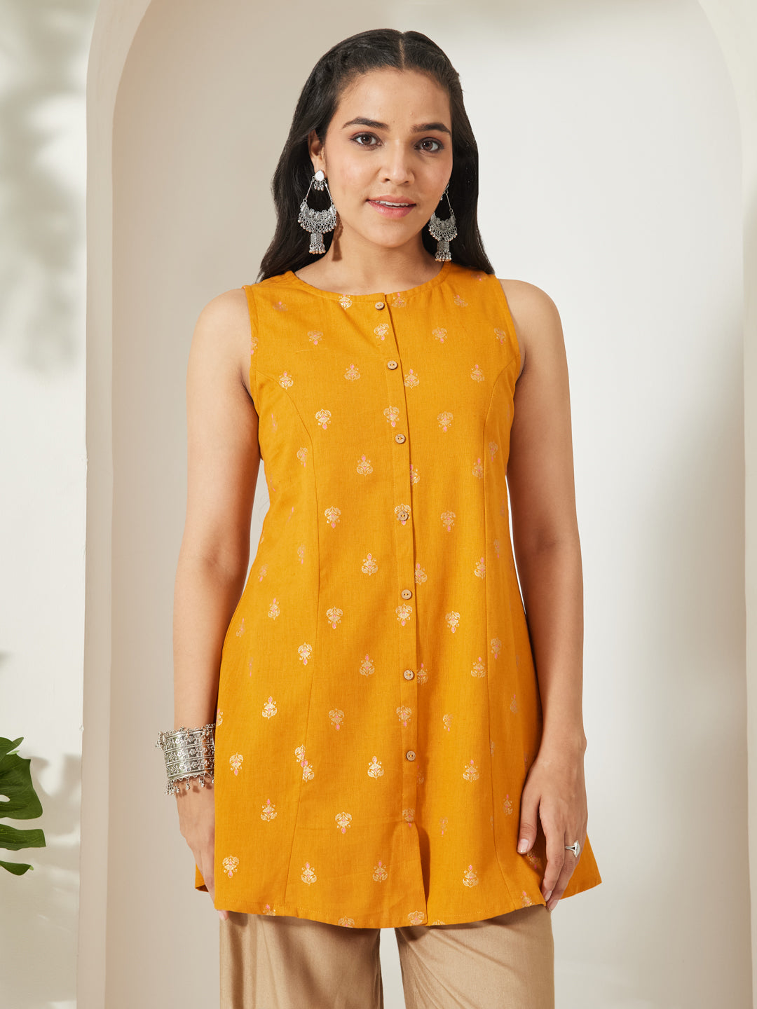 Janasya Women's Mustard Linen Cotton Foil Print A-Line Tunic