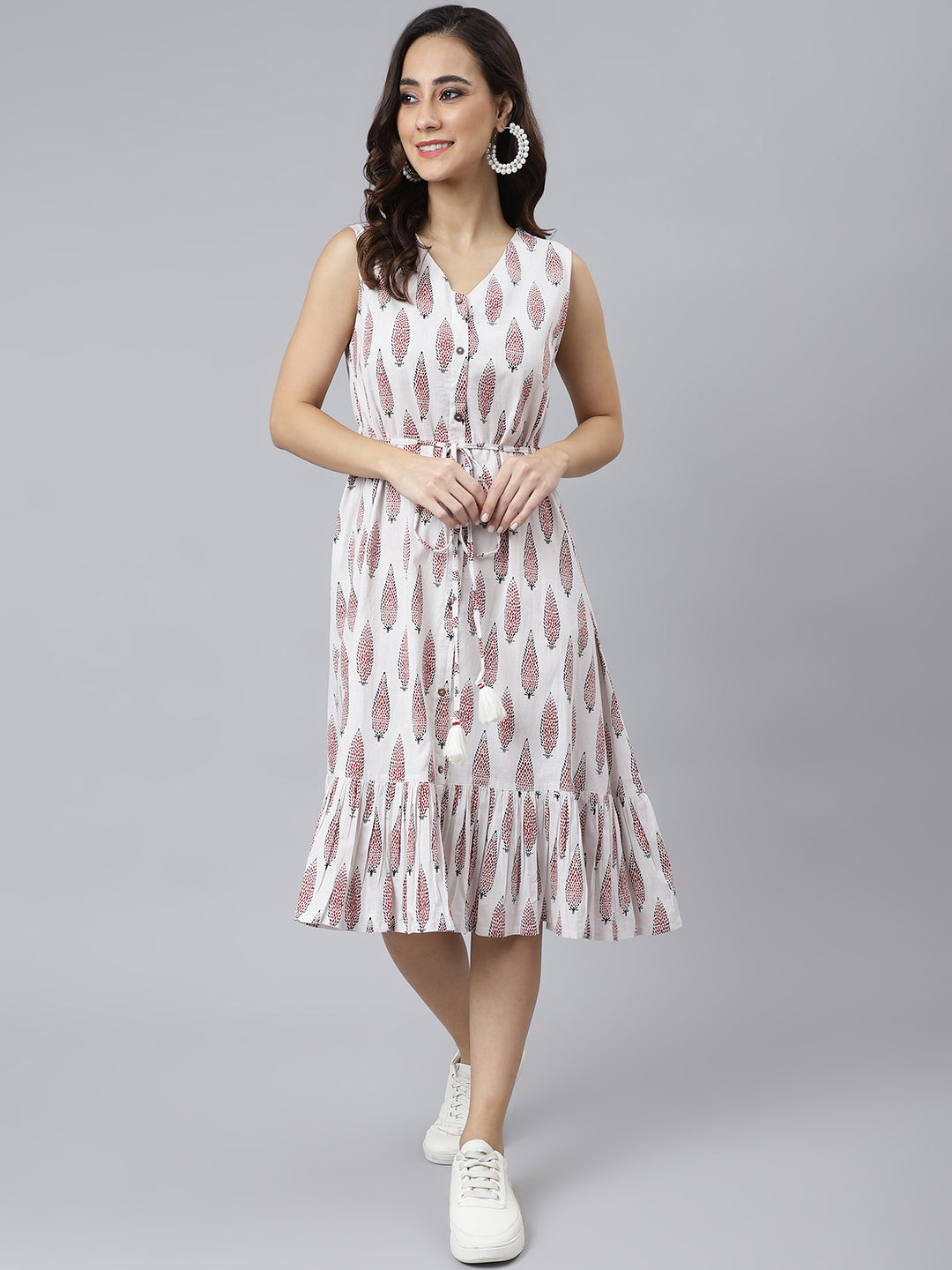 Janasya Women's White Cotton Ethnic Motifs Flared Western Dress
