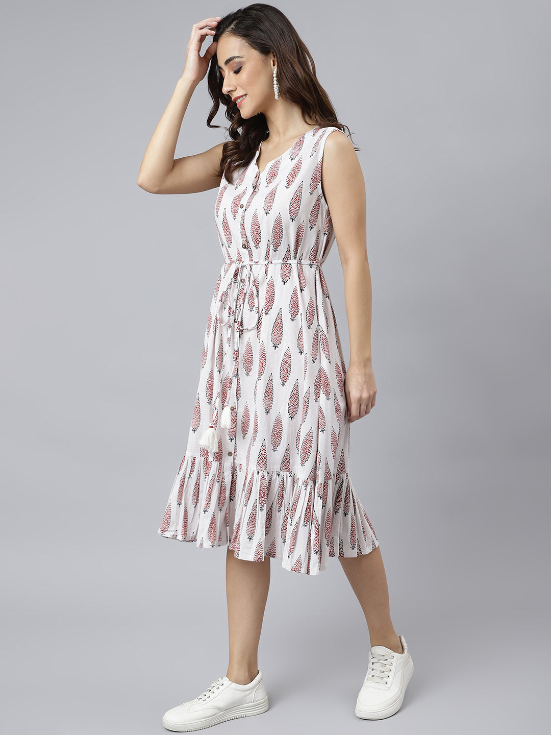 Janasya Women's White Cotton Ethnic Motifs Flared Western Dress