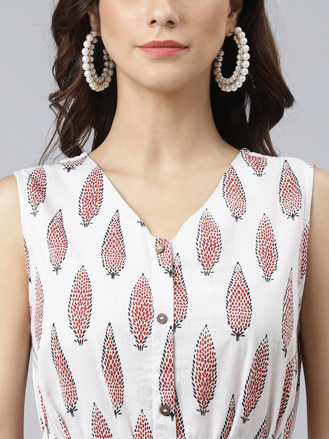 Janasya Women's White Cotton Ethnic Motifs Flared Western Dress