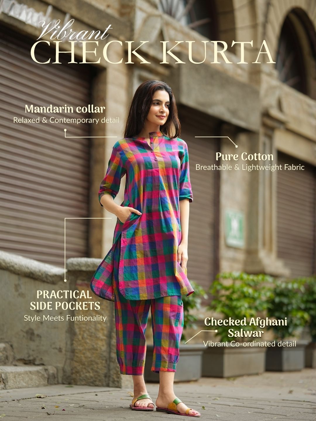 Multicolour Madras check handloom Kurta & Afghani Stitched Salwar Set For Women