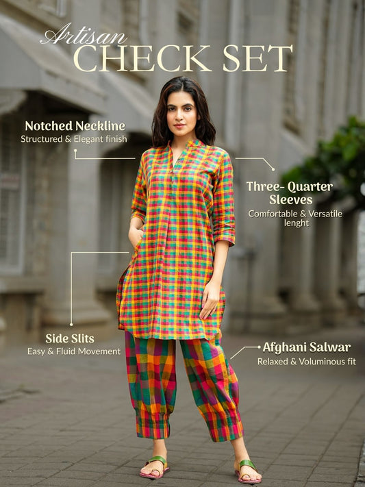 Multicolour Madras check Cotton Kurta & Afghani Stitched Salwar Set For Women
