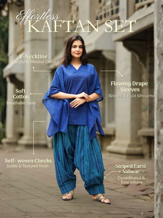 Royal Blue Handloom Cotton kaftan Top & Striped  farsi salwar For Women
