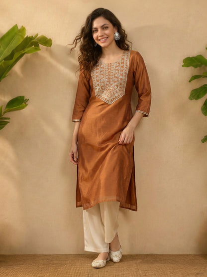 Janasya Women's Mustard Silk Blend Yoke Embroidered Straight Kurta
