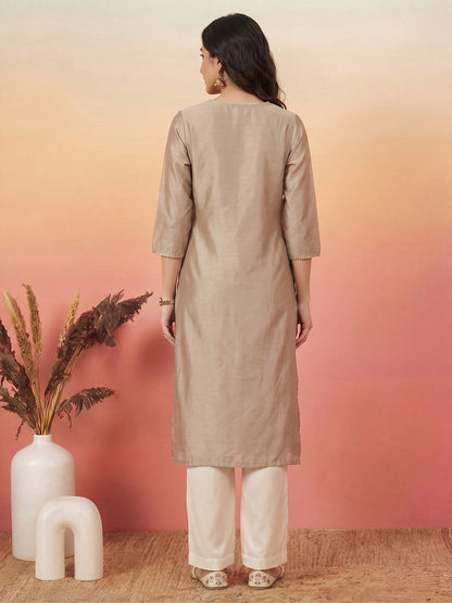 Janasya Women's Beige Chanderi Silk Yoke Embroidered Straight Kurta