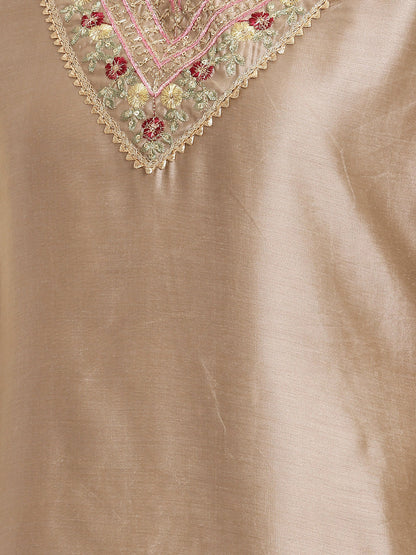 Janasya Women's Beige Chanderi Silk Yoke Embroidered Straight Kurta