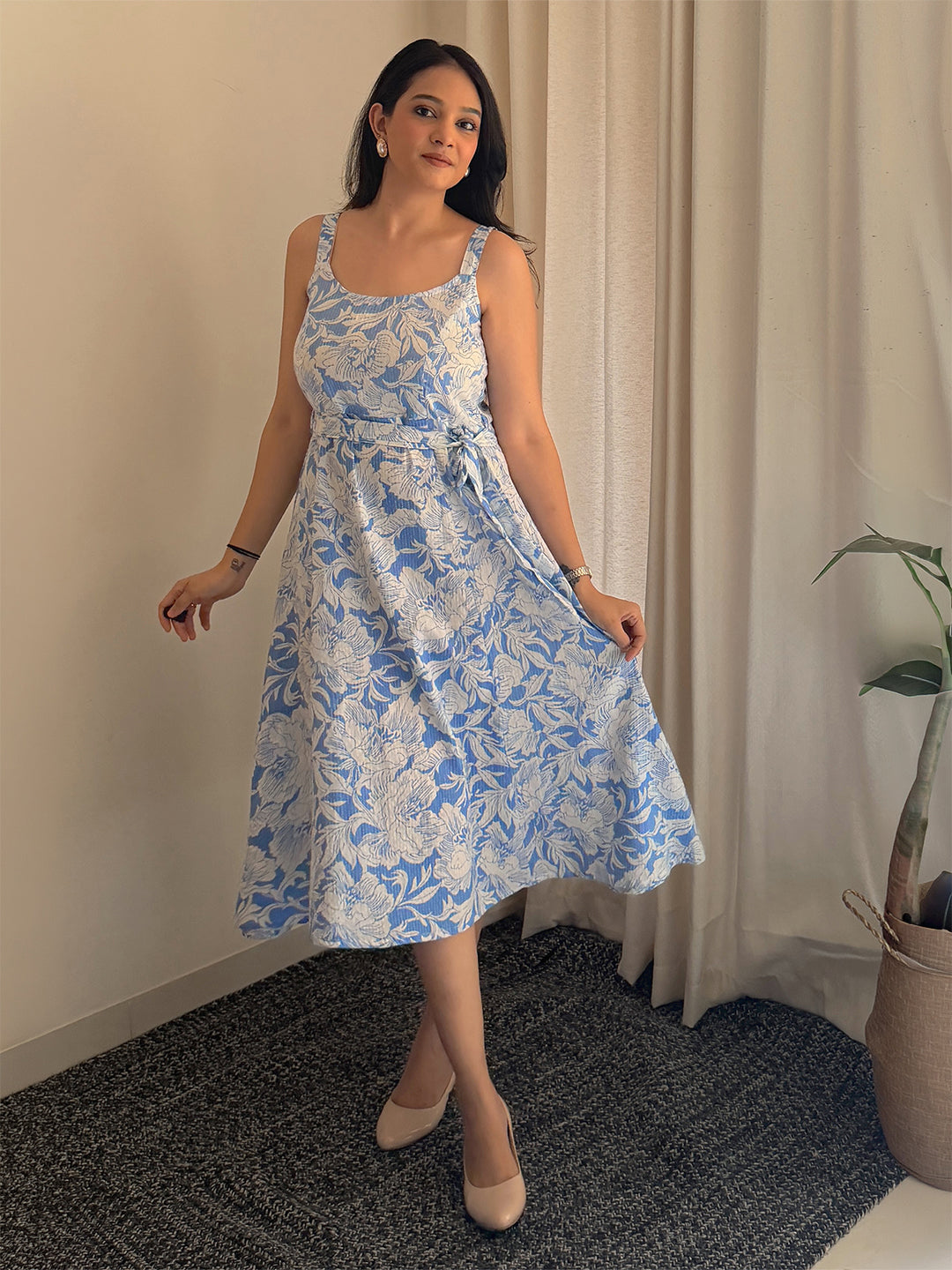 Janasya Women's Light Blue Pure Cotton Floral Printed A-line Dress