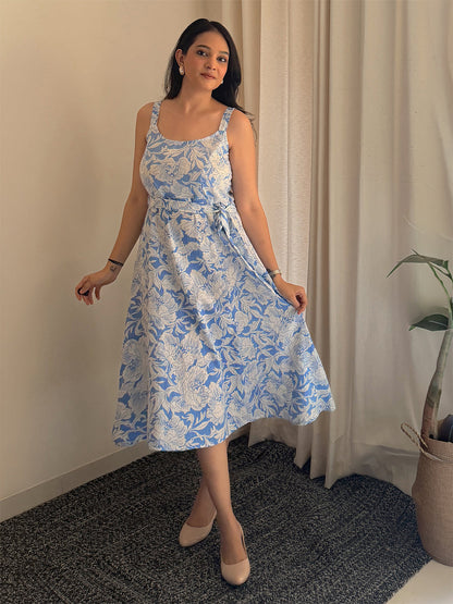 Janasya Women's Light Blue Pure Cotton Floral Printed A-line Dress