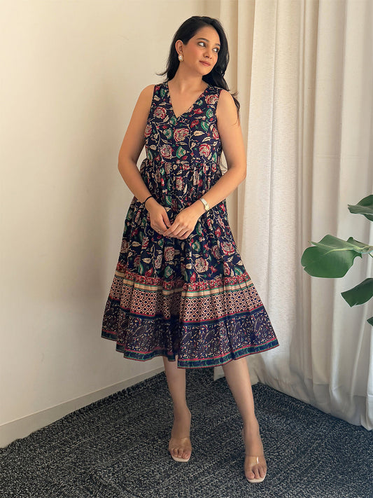 Janasya Women's Navy Blue Pure Cotton Floral Prinrted Gathered Dress
