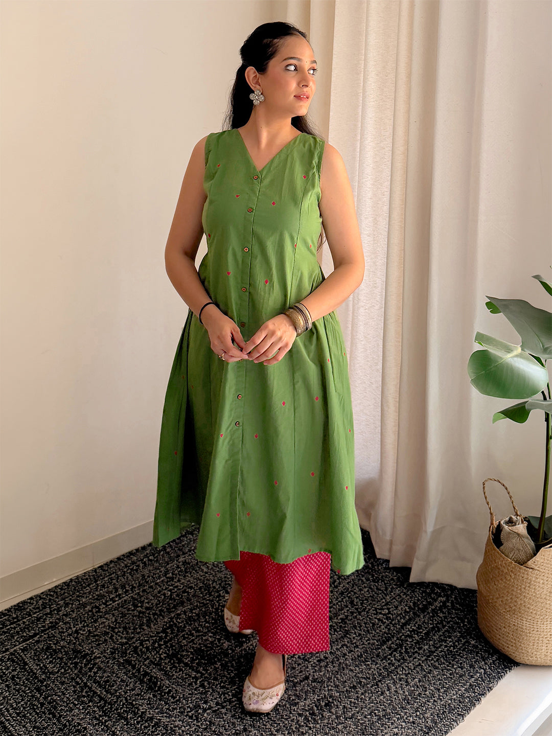 Green Cotton Geometric A-Line Kurta Set