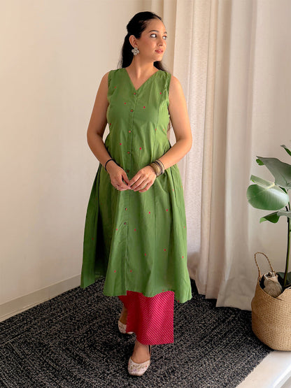Green Cotton Geometric A-Line Kurta Set