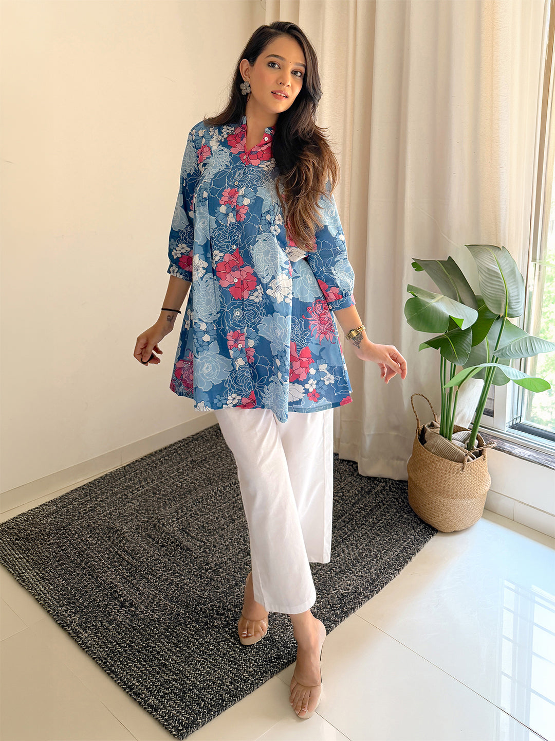 Blue Cotton Floral A-Line Tunic