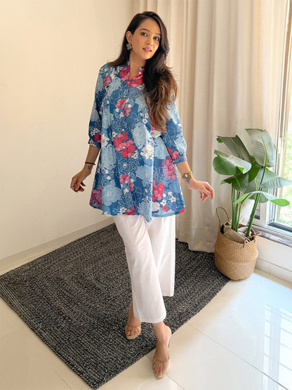 Blue Cotton Floral A-Line Tunic