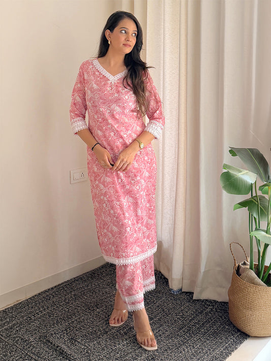 Janasya Women's Pink Pure Cotton Floral Printed Straight Kurta Set