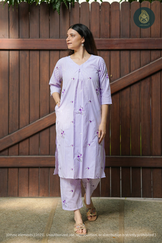 Spring Stripe Cord Set - Embroidered Cotton 2Pc Set