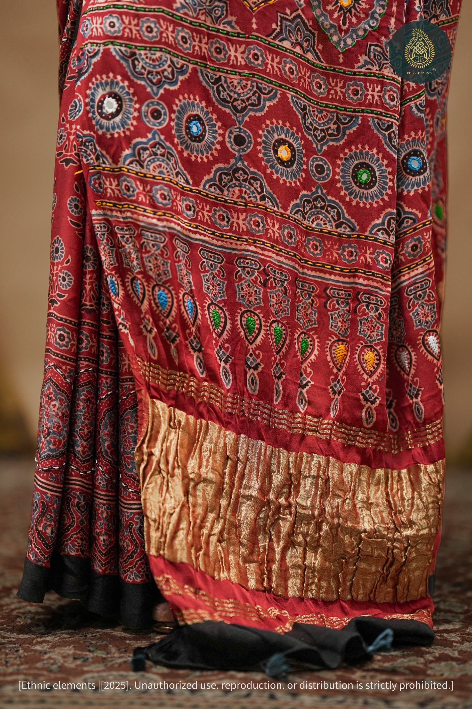 Suroor Ajrakh Modal Silk Saree With Mirror Work