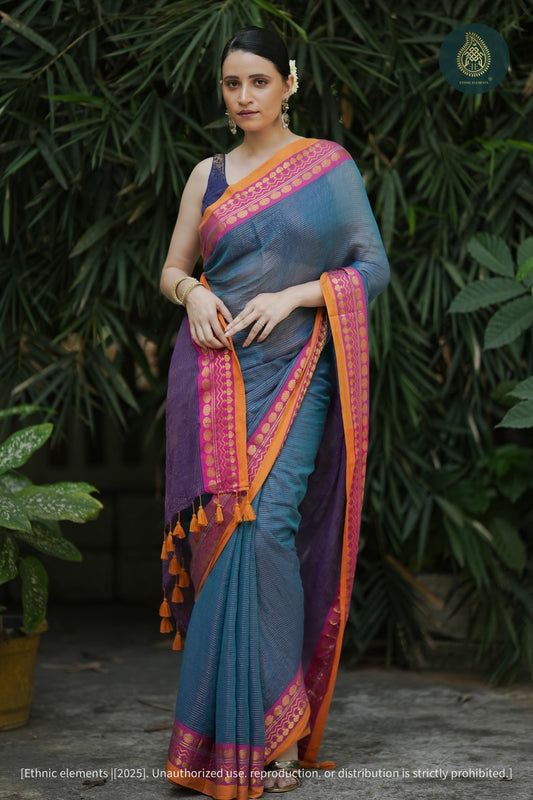 Neel Rang Handwoven Mul Cotton Zari Weave Saree