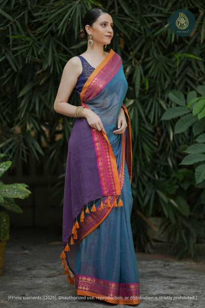 Neel Rang Handwoven Mul Cotton Zari Weave Saree