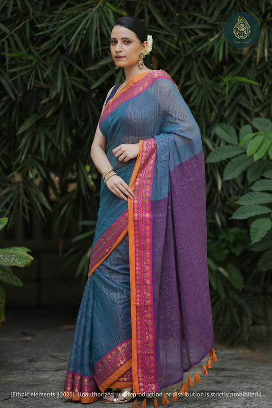 Neel Rang Handwoven Mul Cotton Zari Weave Saree