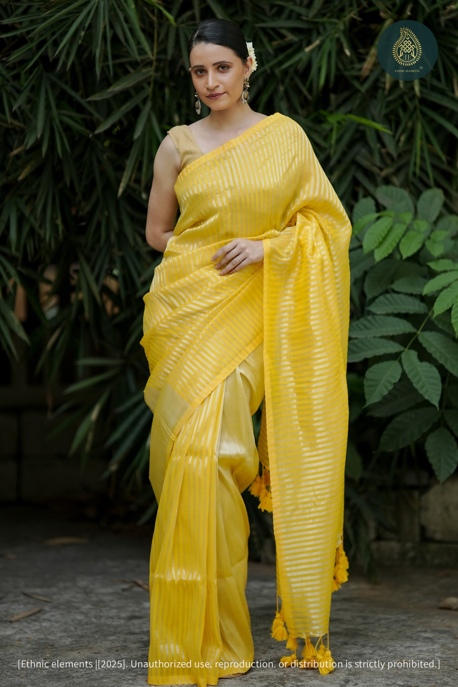 Peeli Rang Mul Cotton Tissue Striped Saree