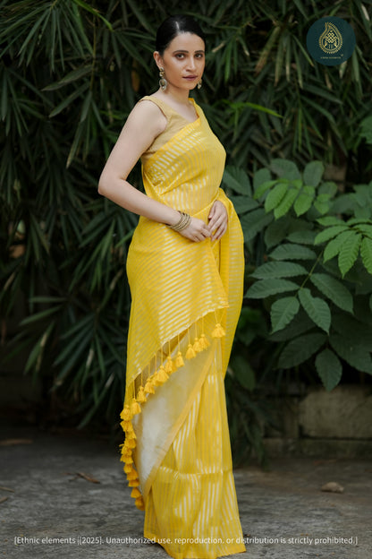 Peeli Rang Mul Cotton Tissue Striped Saree