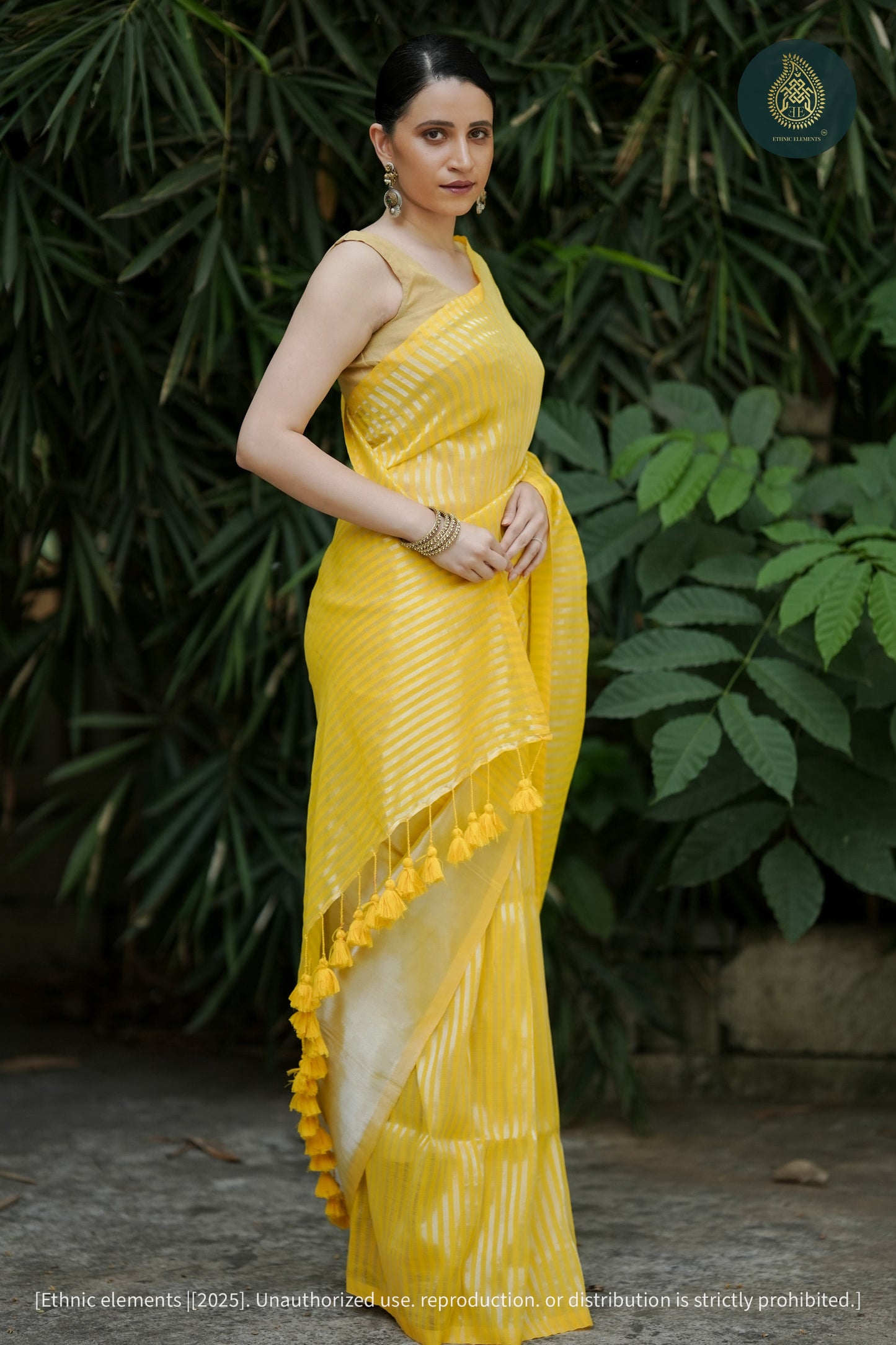 Peeli Rang Mul Cotton Tissue Striped Saree
