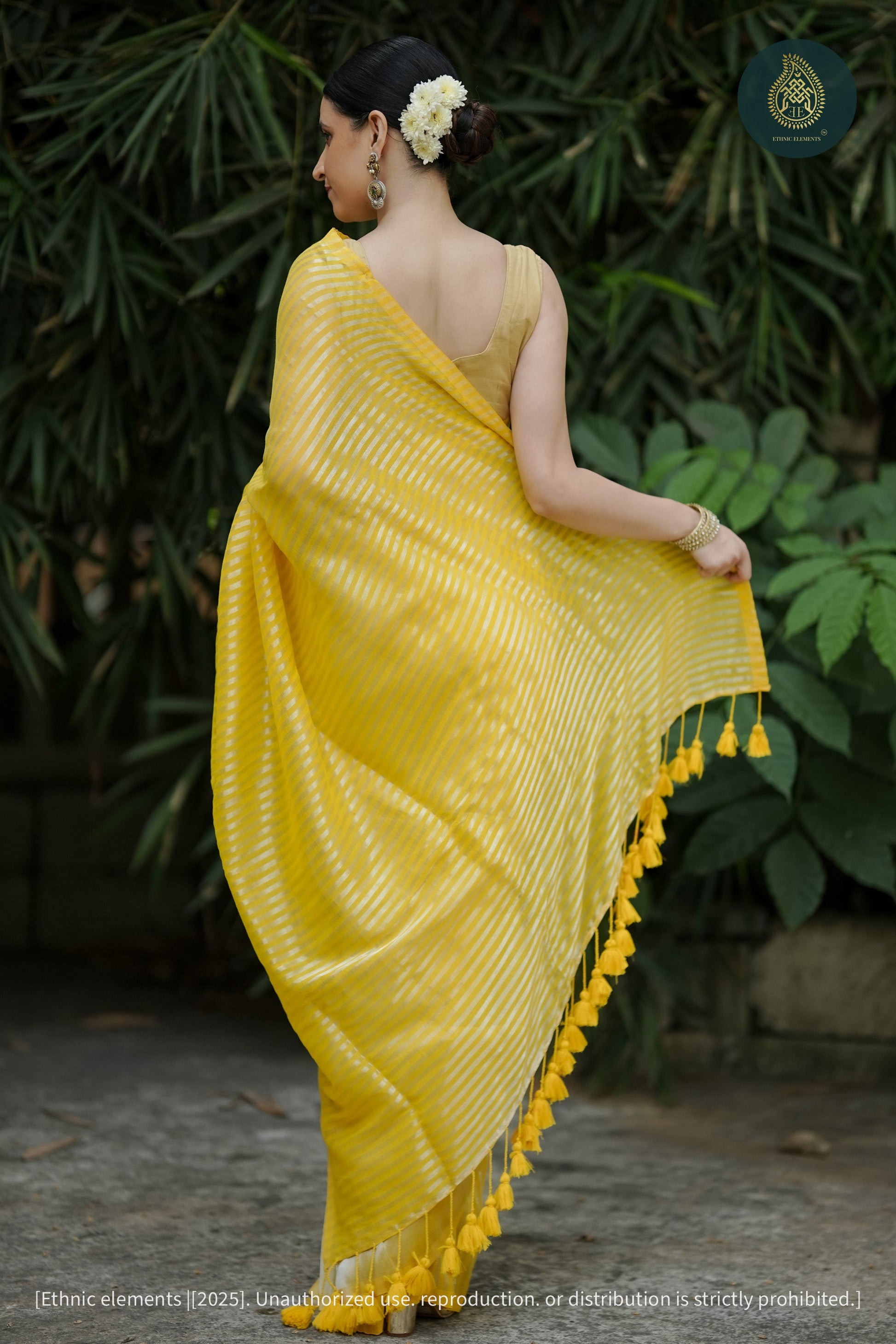 Peeli Rang Mul Cotton Tissue Striped Saree