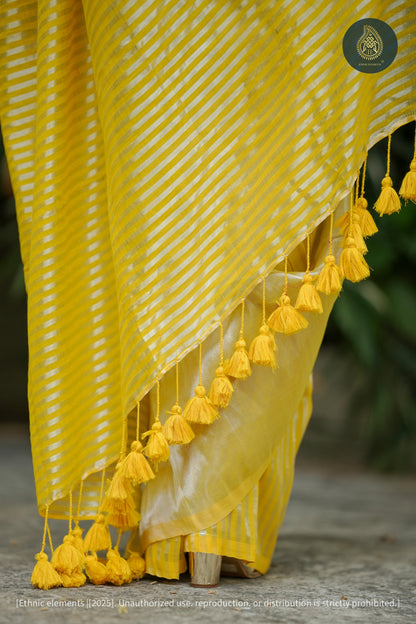 Peeli Rang Mul Cotton Tissue Striped Saree