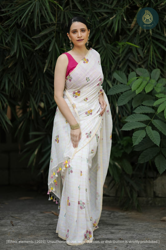 Phool Rekha - Mul Cotton Saree With Hand Kantha Embroidery