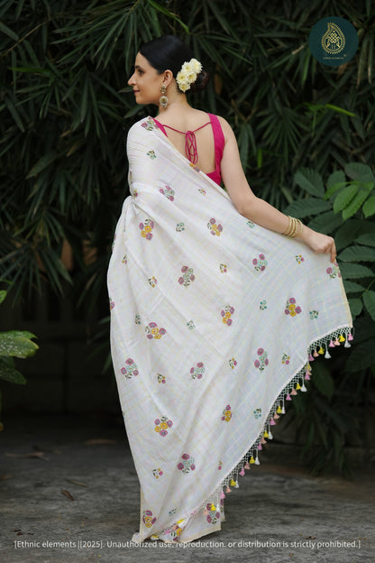 Phool Rekha - Mul Cotton Saree With Hand Kantha Embroidery