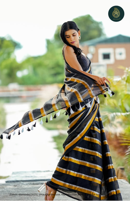 Mul Cotton Saree - Black Golden - Zari Stripped