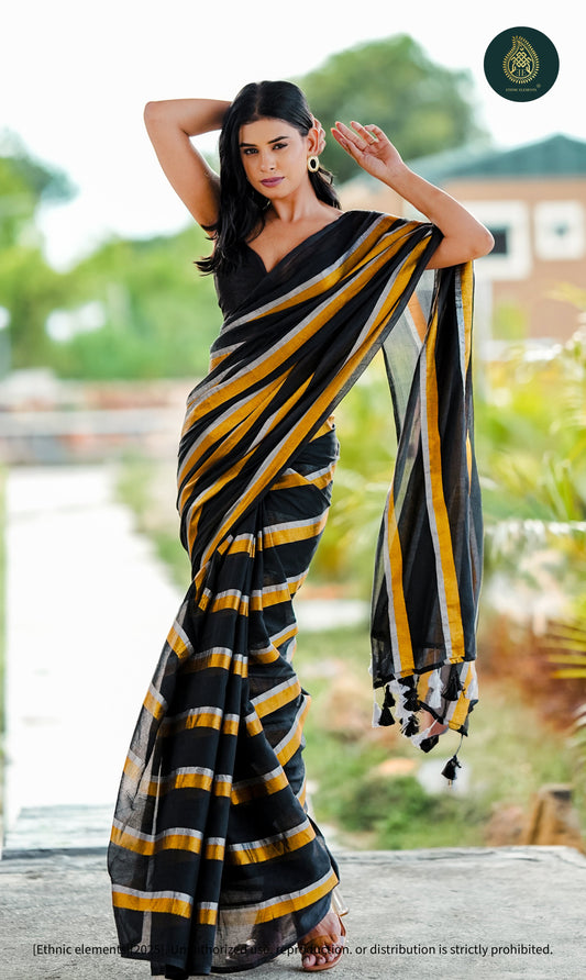 Mul Cotton Saree - Black Golden - Zari Stripped