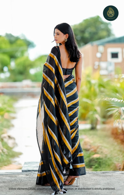 Mul Cotton Saree - Black Golden - Zari Stripped