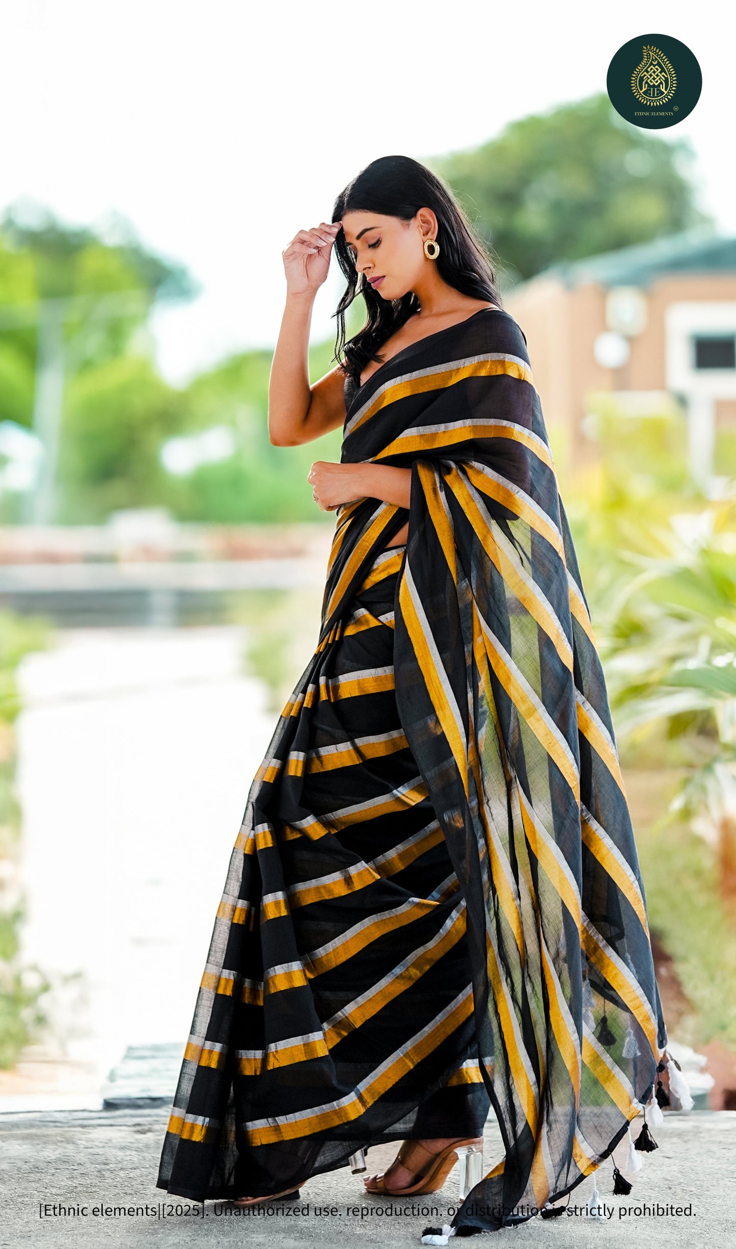 Mul Cotton Saree - Black Golden - Zari Stripped